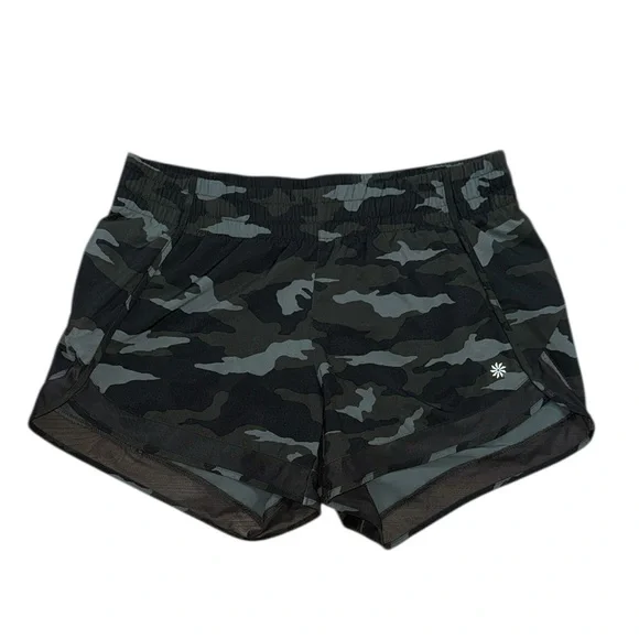 Athleta Printed Mesh Racer Run Shorts | Green camo - Picture 2 of 7